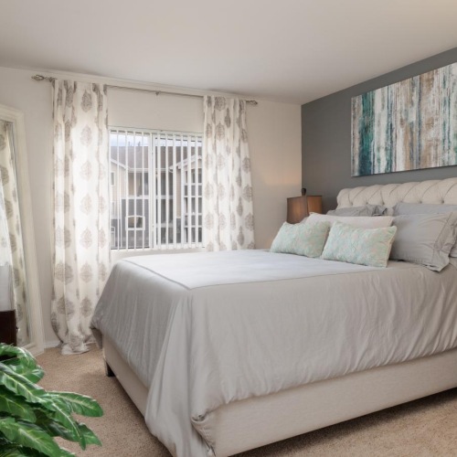 a bedroom with a bed and a plant